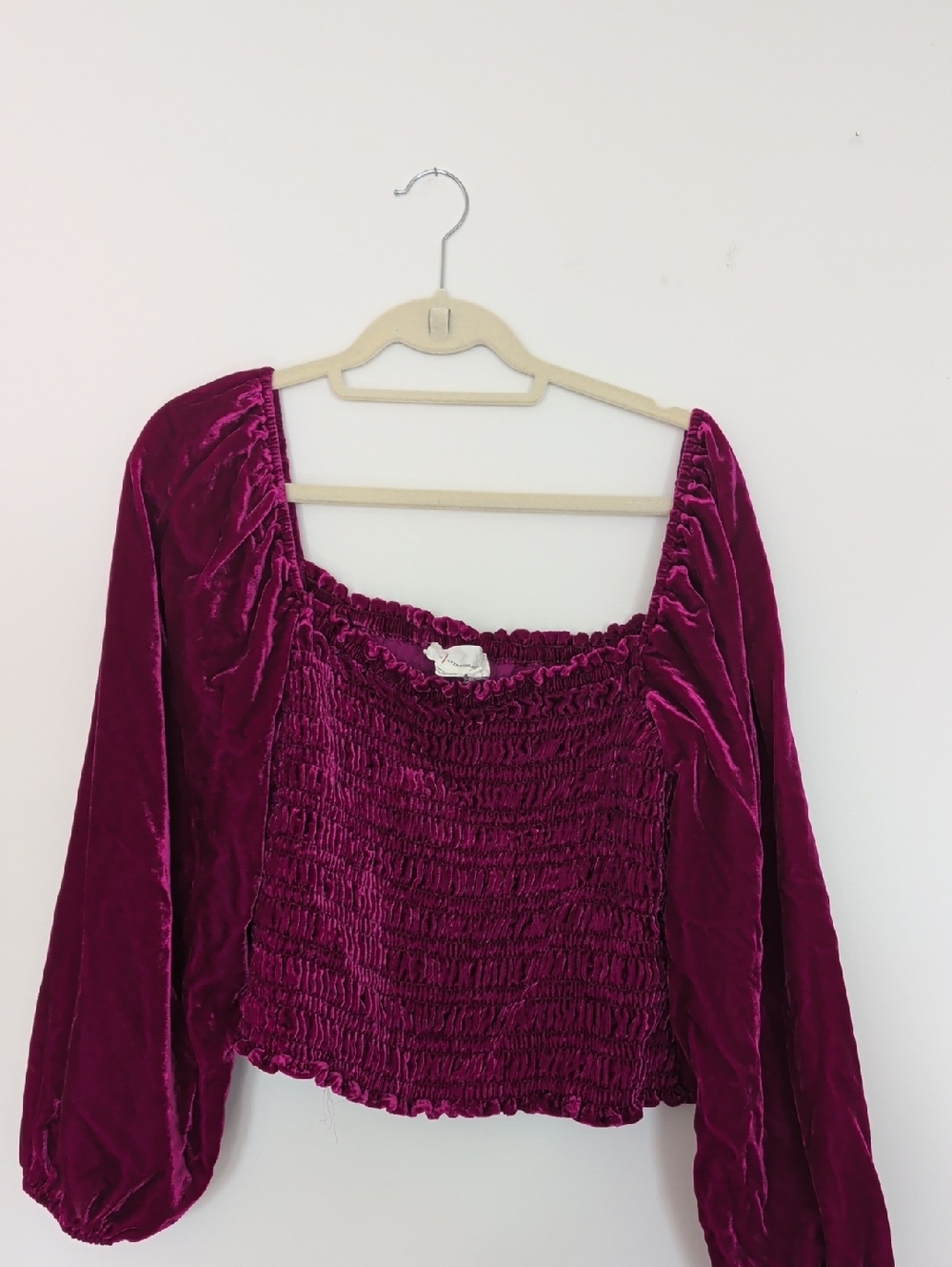Anthropologie Velvet Smocked Long-Sleeve Top - Magenta